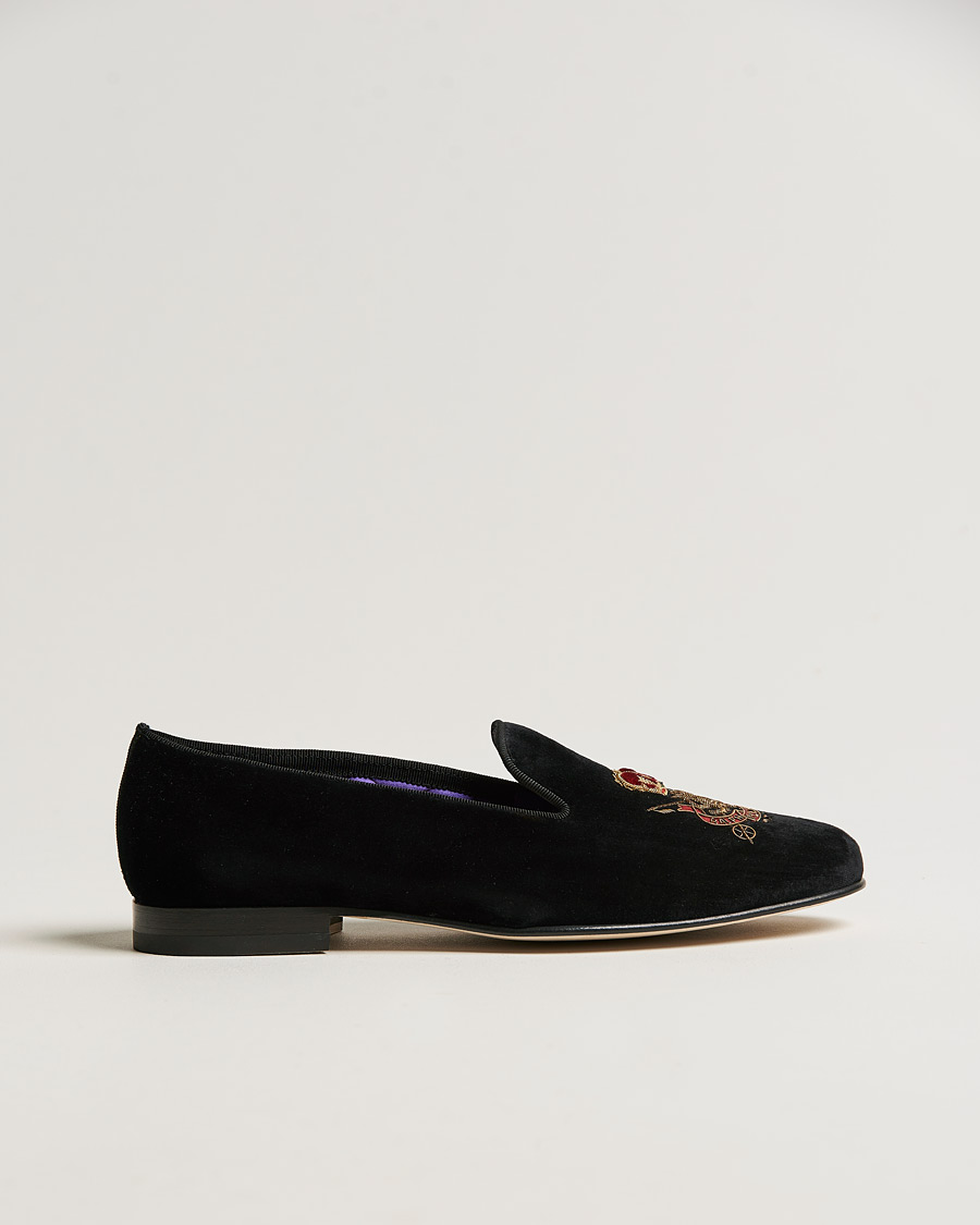 Hombres | Ralph Lauren Purple Label Velvet Embroidered Slippers Black | Ralph Lauren Purple Label | Velvet Embroidered Slippers Black