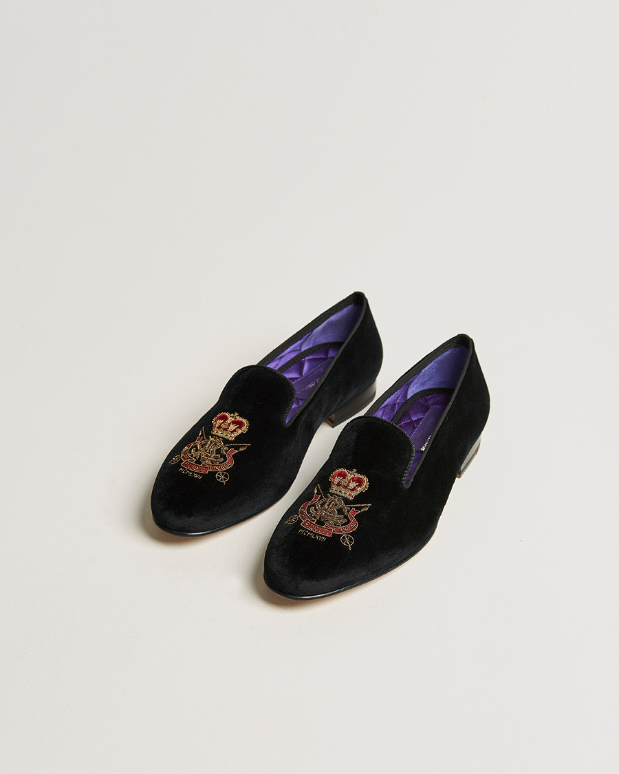 Hombres | Ralph Lauren Purple Label Velvet Embroidered Slippers Black | Ralph Lauren Purple Label | Velvet Embroidered Slippers Black