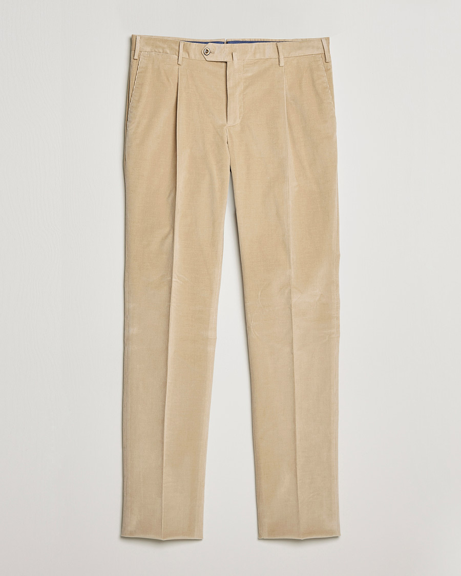 Hombres | Pantalones | PT01 | Slim Fit Pleated Corduroy Trousers Light Beige