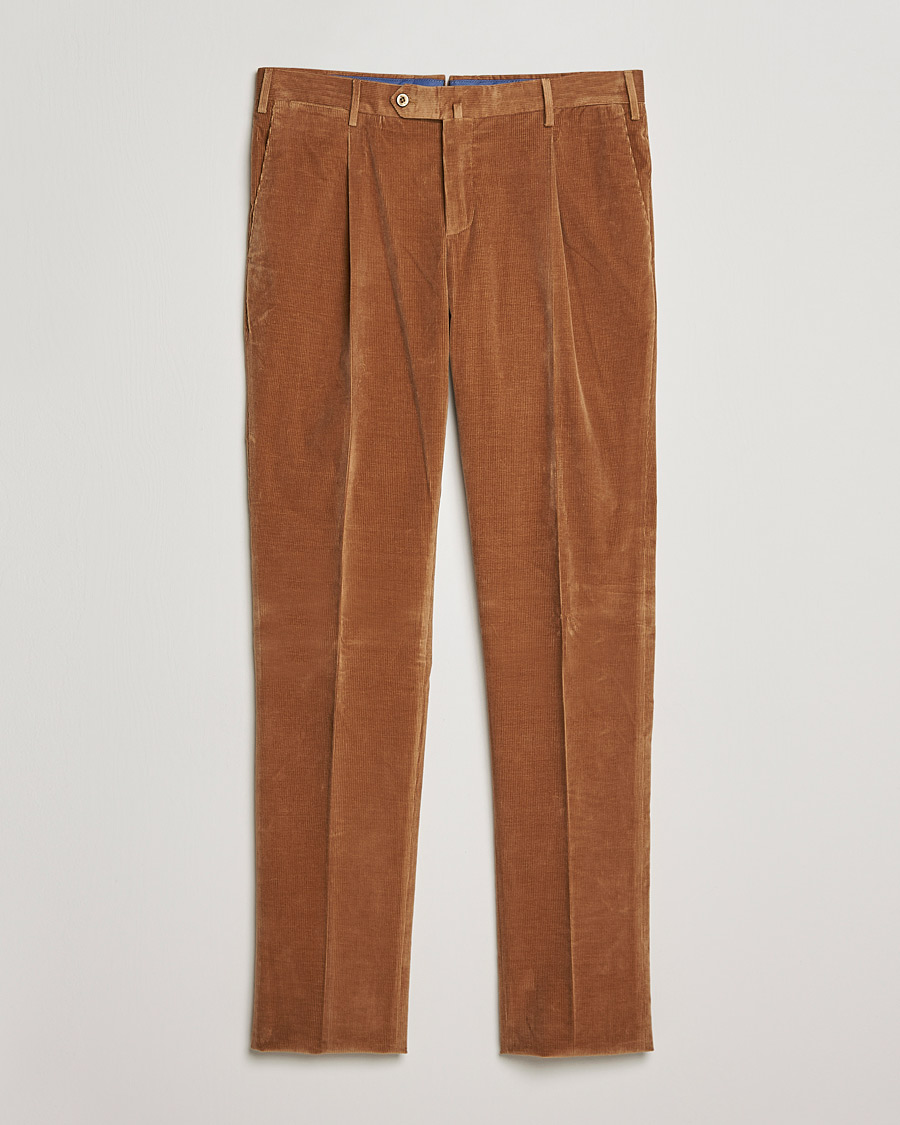 Hombres | Pantalones | PT01 | Slim Fit Pleated Corduroy Trousers Caramel