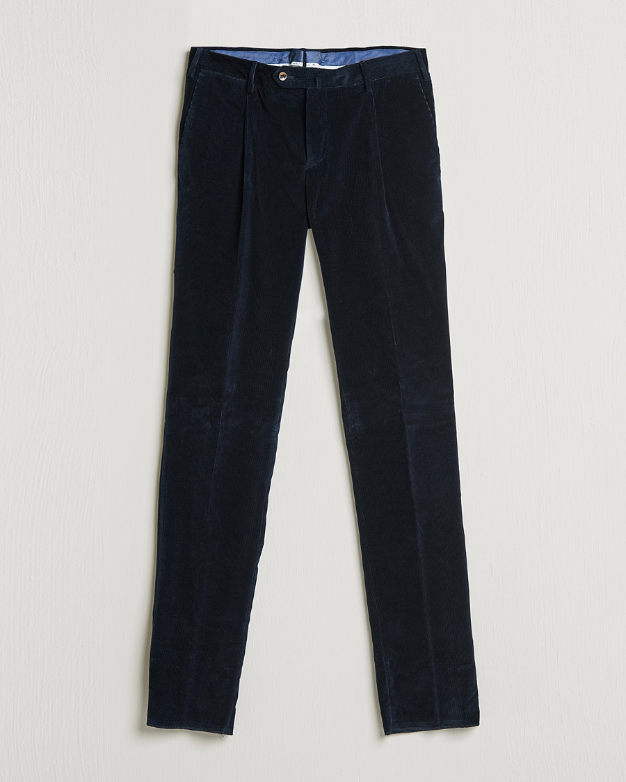 Hombres | Pantalones | PT01 | Slim Fit Pleated Corduroy Trousers Navy