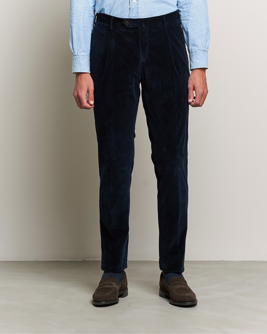 Hombres | Pantalones | PT01 | Slim Fit Pleated Corduroy Trousers Navy