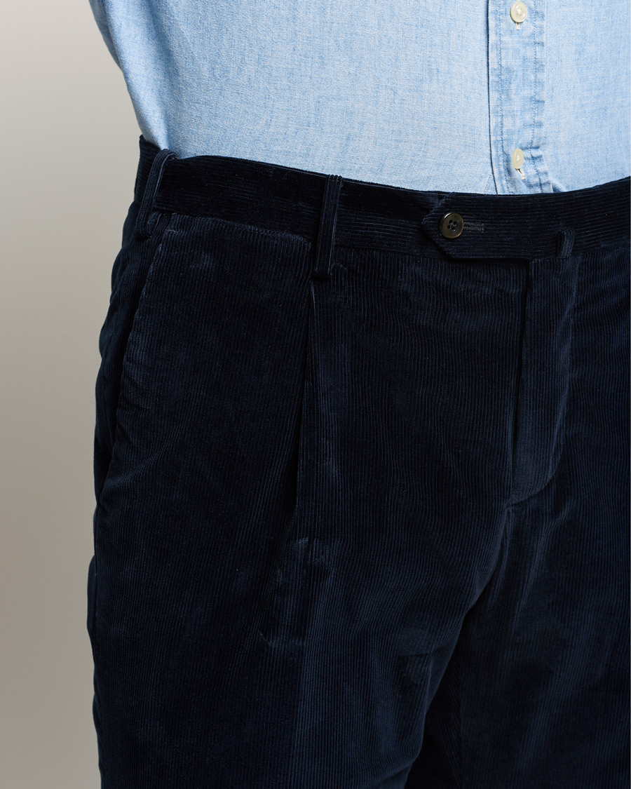 Hombres | Pantalones | PT01 | Slim Fit Pleated Corduroy Trousers Navy