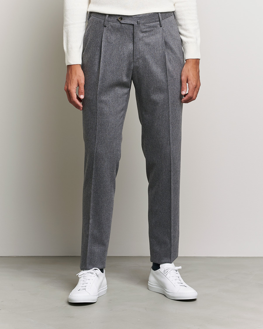 Hombres | Pantalones | PT01 | Slim Fit Pleated Flannel Trousers Light Grey