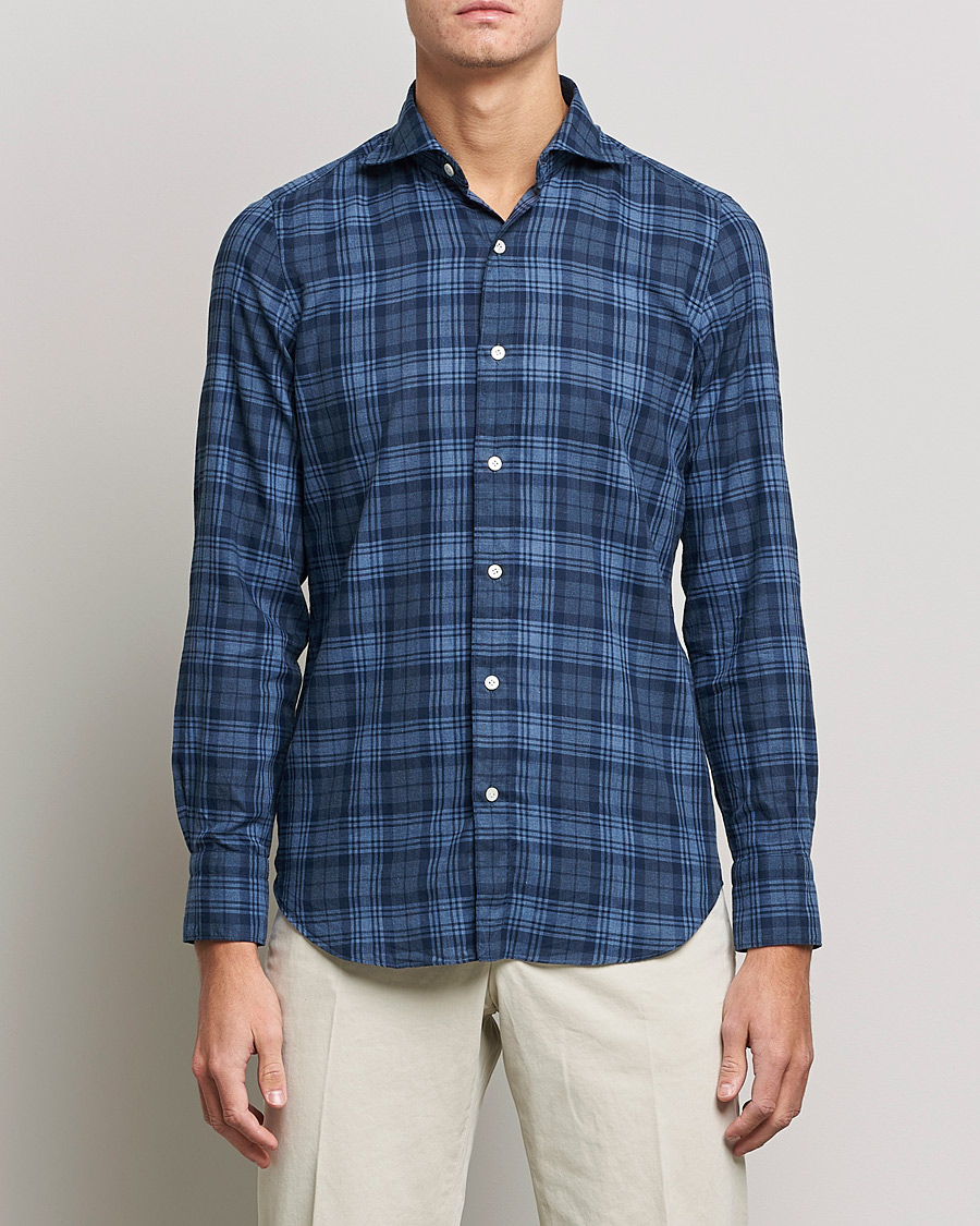 Hombres | Camisas | Finamore Napoli | Tokyo Slim Light Flannel Shirt Navy Check