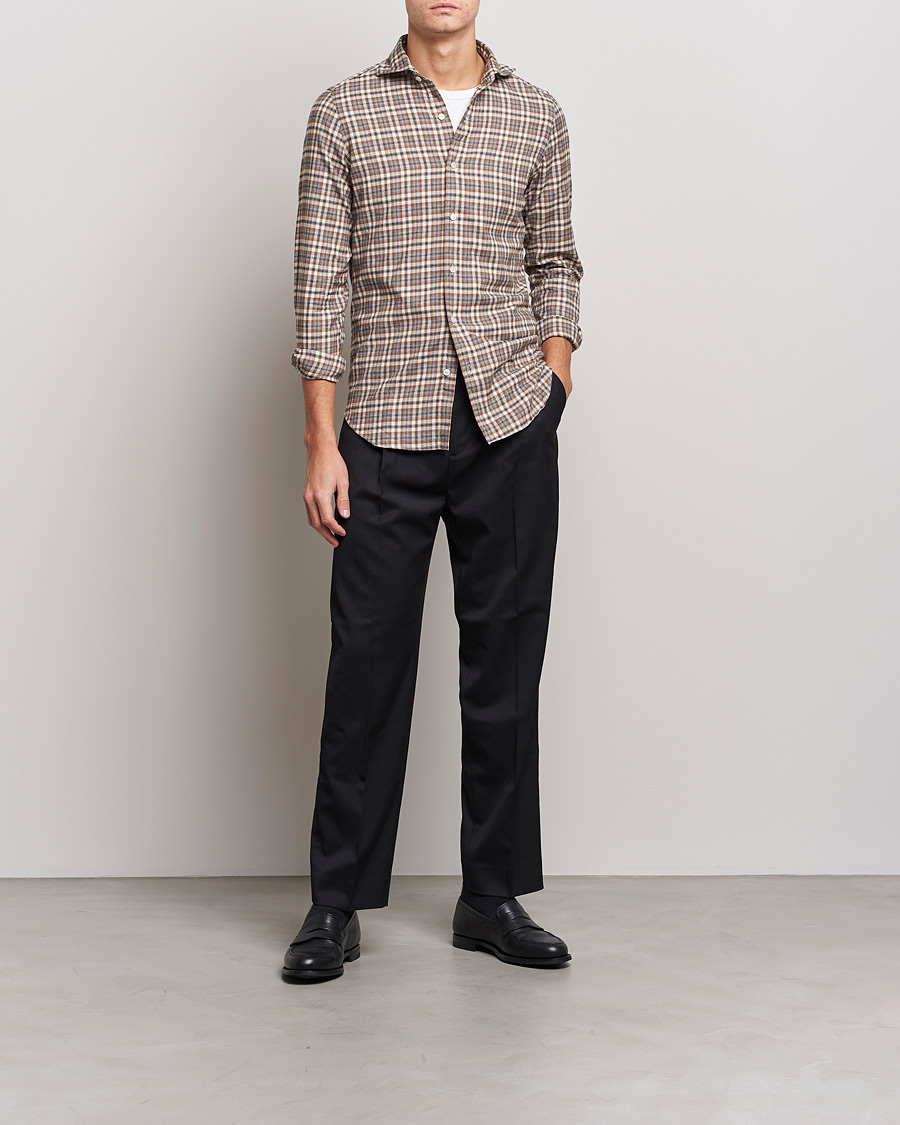 Hombres | Camisas | Finamore Napoli | Tokyo Slim Light Flannel Shirt Brown Check