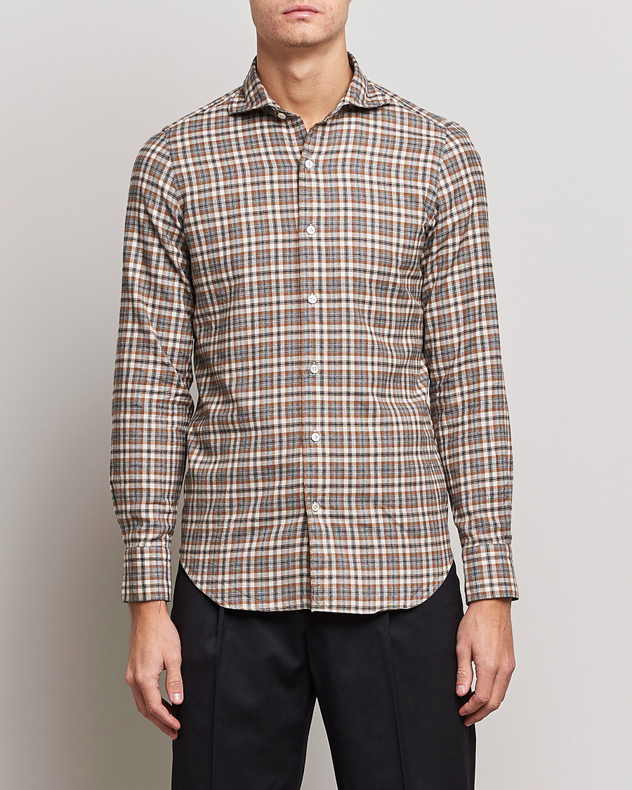 Hombres | Camisas | Finamore Napoli | Tokyo Slim Light Flannel Shirt Brown Check