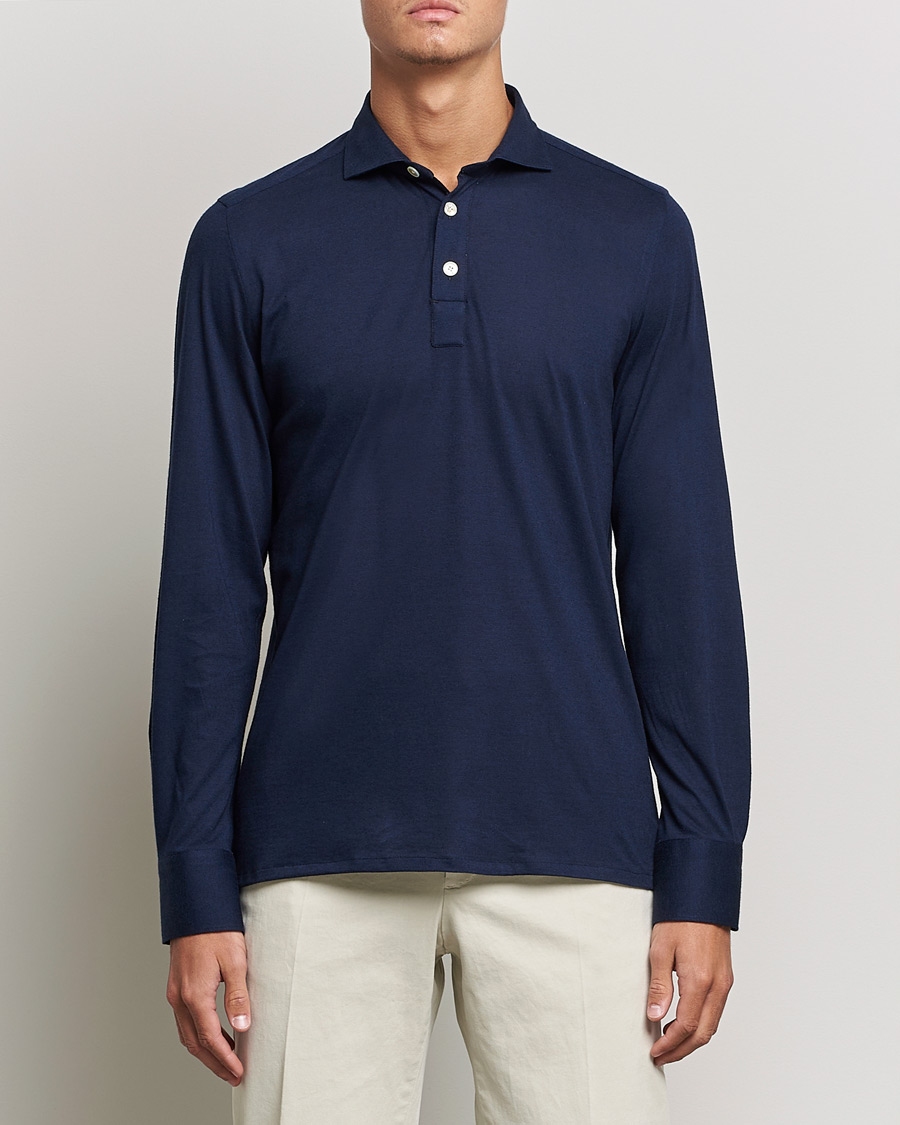 Hombres | Jerséis y prendas de punto | Finamore Napoli | Orlando Cashmere Blend Long Sleeve Polo Navy