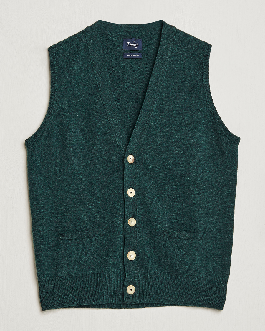 Hombres | Jerséis y prendas de punto | Drake's | Lambswool Vest Cardigan Green