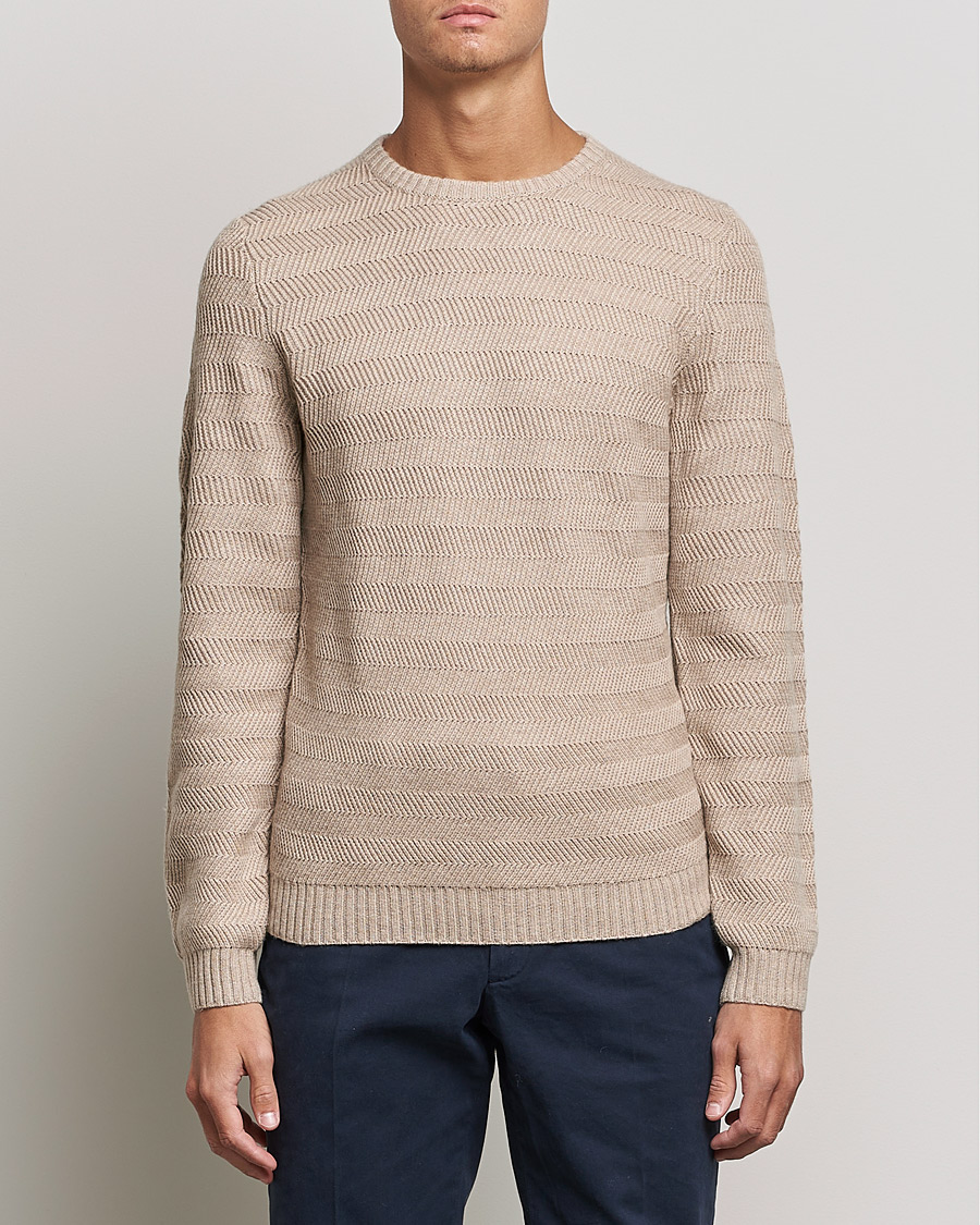 Hombres | Jerséis y prendas de punto | Stenströms | Merino/Cashmere Herringbone Crew Neck Beige
