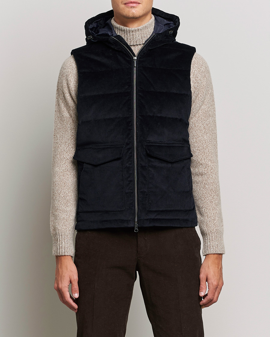 Hombres | Abrigos y chaquetas | Stenströms | Hooded Corduroy Vest Navy