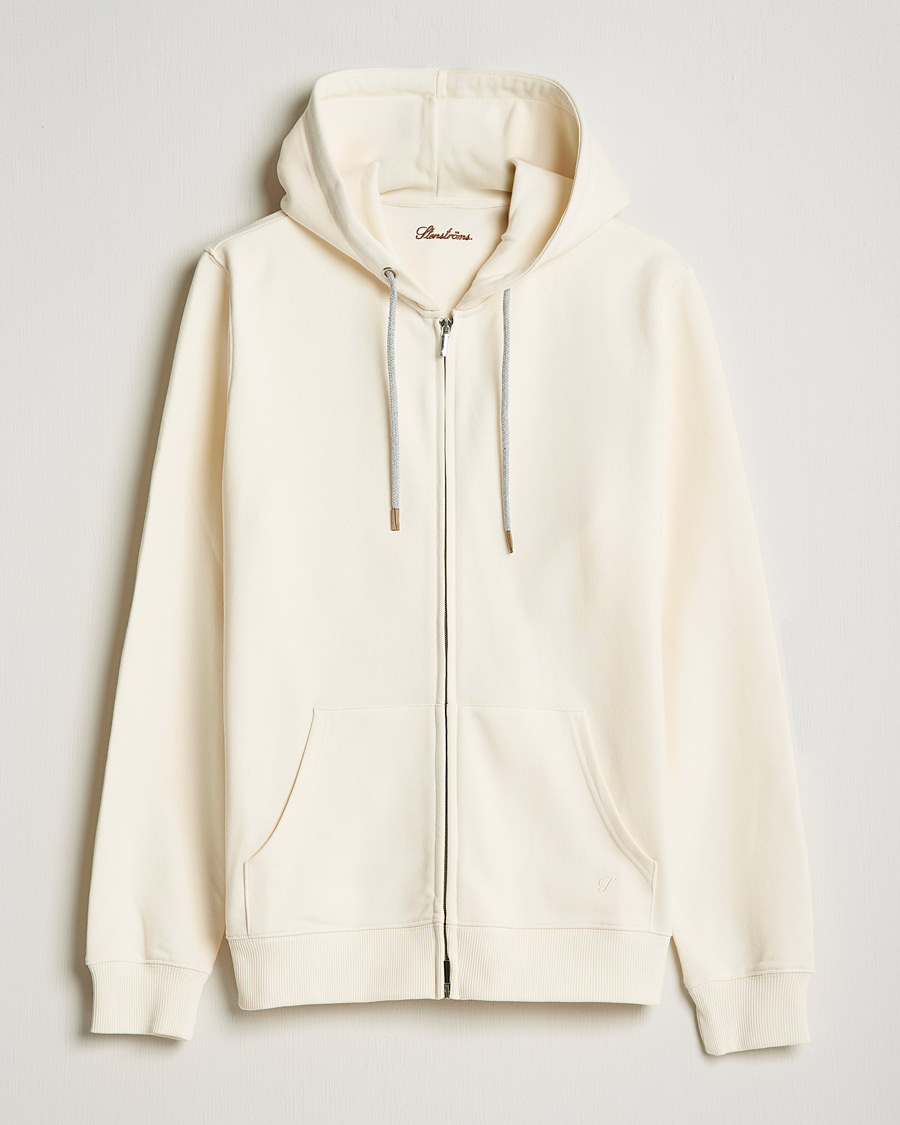 Hombres | Jerséis y prendas de punto | Stenströms | Cotton Jersey Full Zip Hoodie Creme White