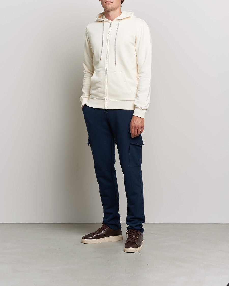 Hombres | Jerséis y prendas de punto | Stenströms | Cotton Jersey Full Zip Hoodie Creme White