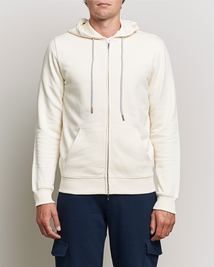 Hombres | Jerséis y prendas de punto | Stenströms | Cotton Jersey Full Zip Hoodie Creme White