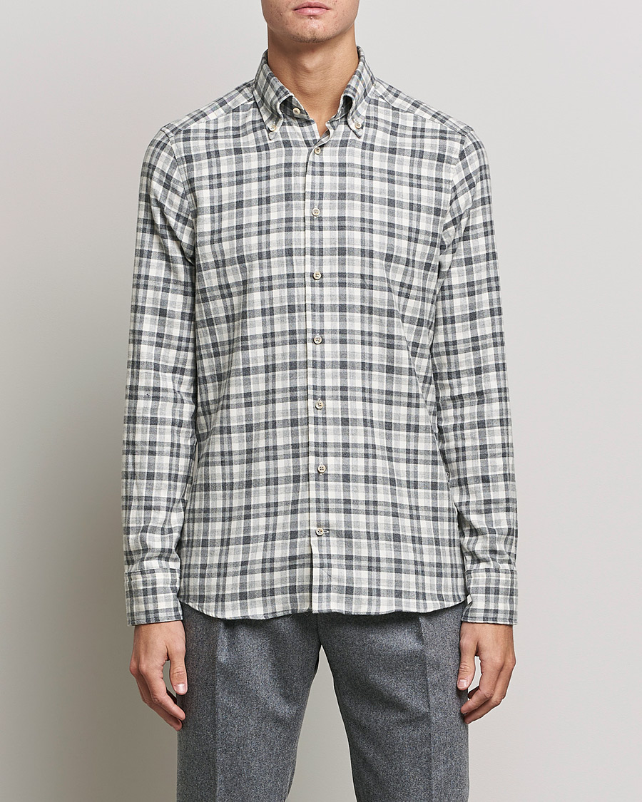 Hombres | Camisas | Stenströms | Slimline Checked Flannel Shirt Grey/White