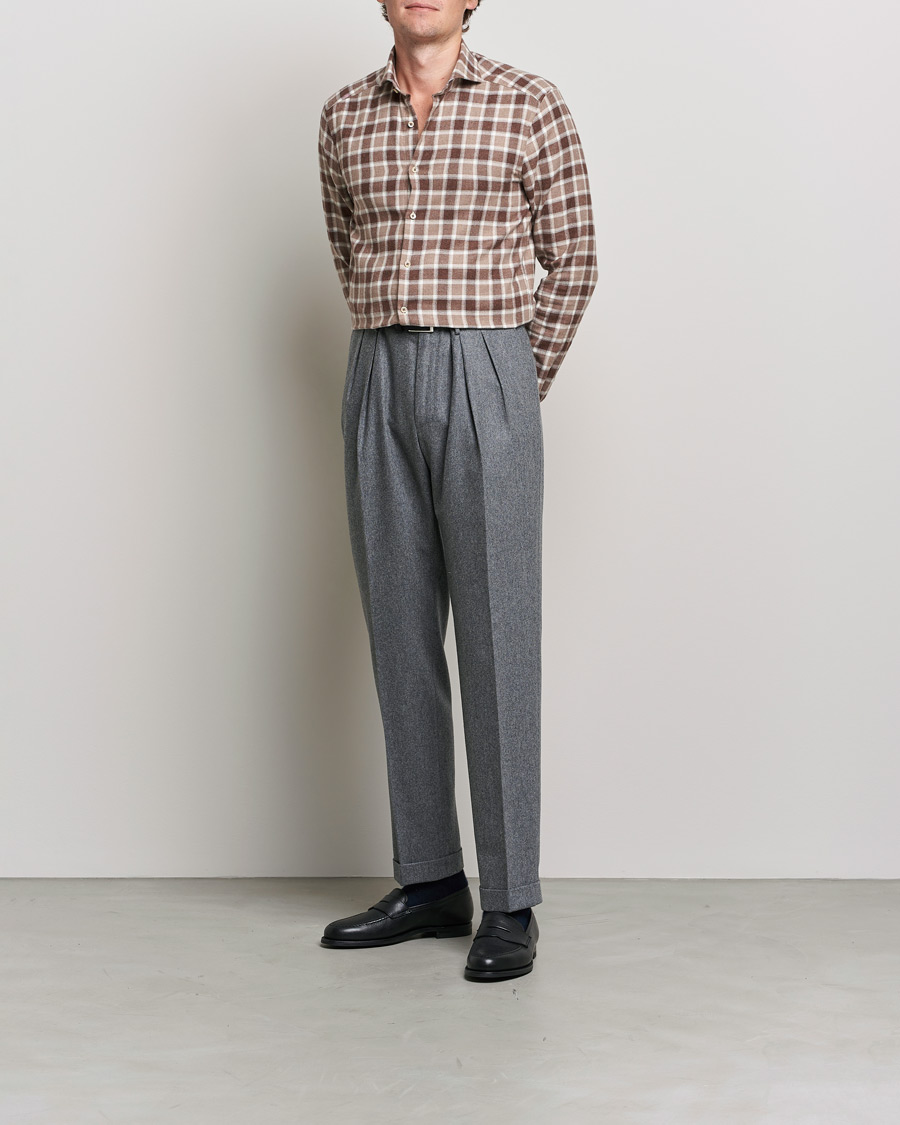 Hombres | Camisas | Stenströms | Slimline Checked Flannel Shirt Brown