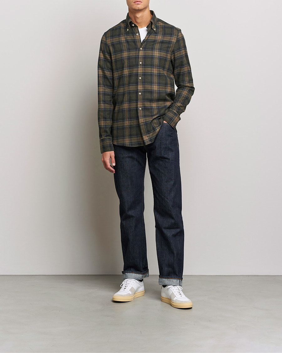 Hombres | Camisas | Stenströms | Slimline Checked Flannel Shirt Dark Green