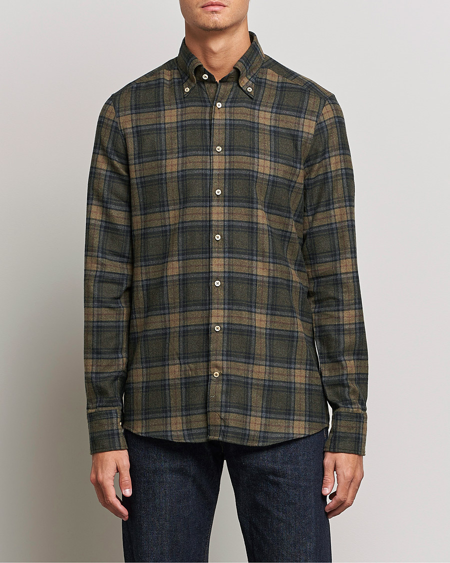 Hombres | Camisas | Stenströms | Slimline Checked Flannel Shirt Dark Green