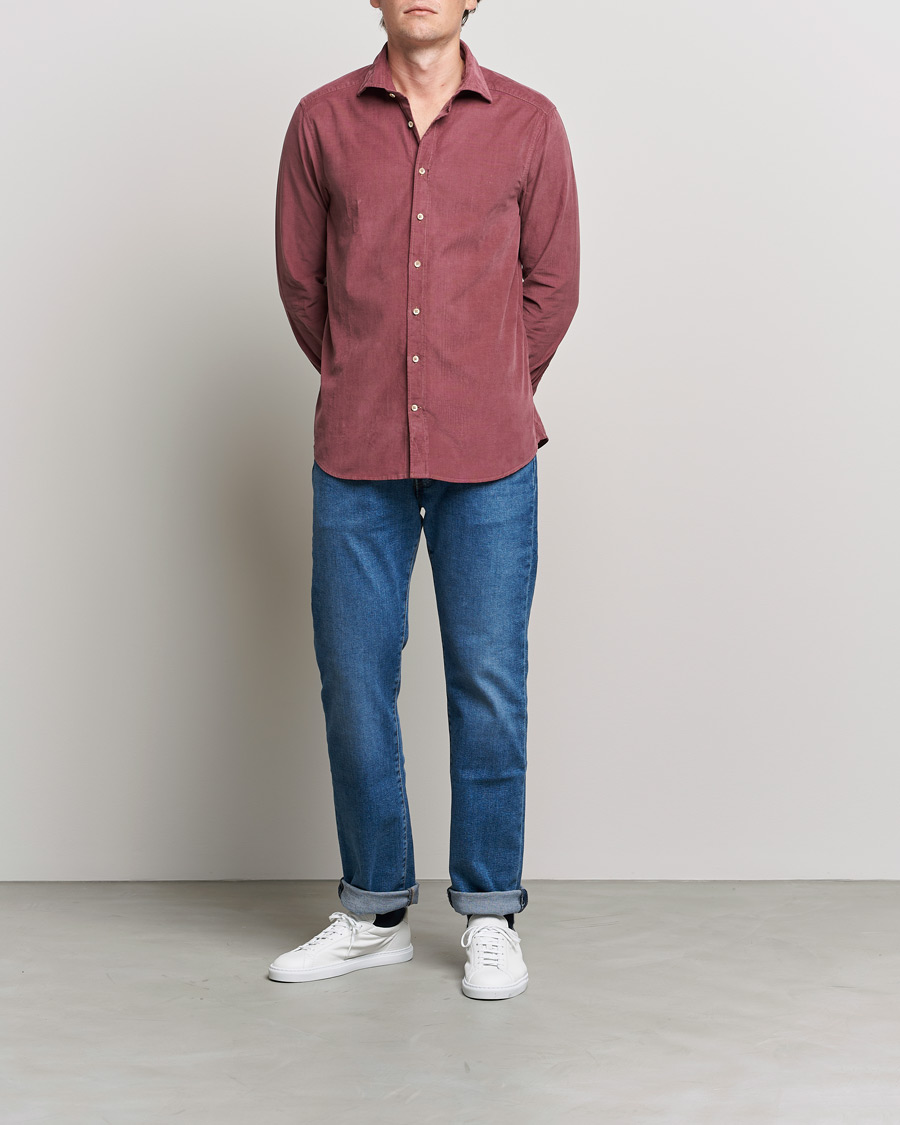 Hombres | Camisas | Stenströms | Slimline Washed Cut Away Corduroy Shirt Wine Red