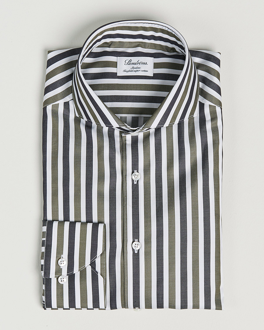Hombres | Camisas | Stenströms | Slimline Cut Away Wide Striped Shirt Blue/Green