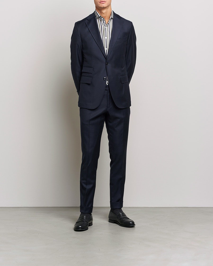 Hombres | Camisas | Stenströms | Slimline Cut Away Wide Striped Shirt Blue/Green