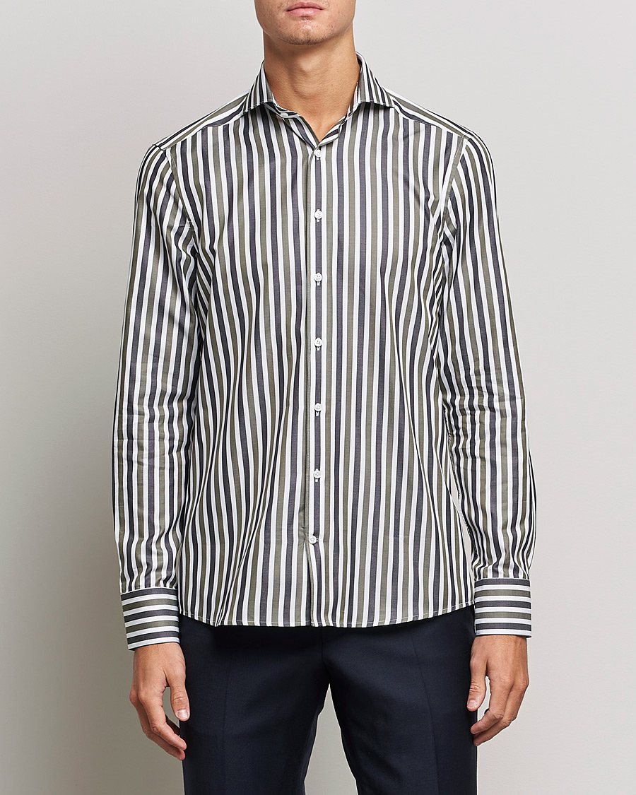 Hombres | Camisas | Stenströms | Slimline Cut Away Wide Striped Shirt Blue/Green