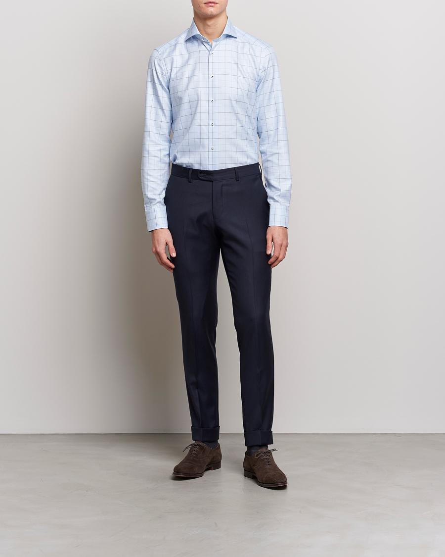 Hombres | Formal | Stenströms | Slimline Cut Away Windowpane Shirt Blue