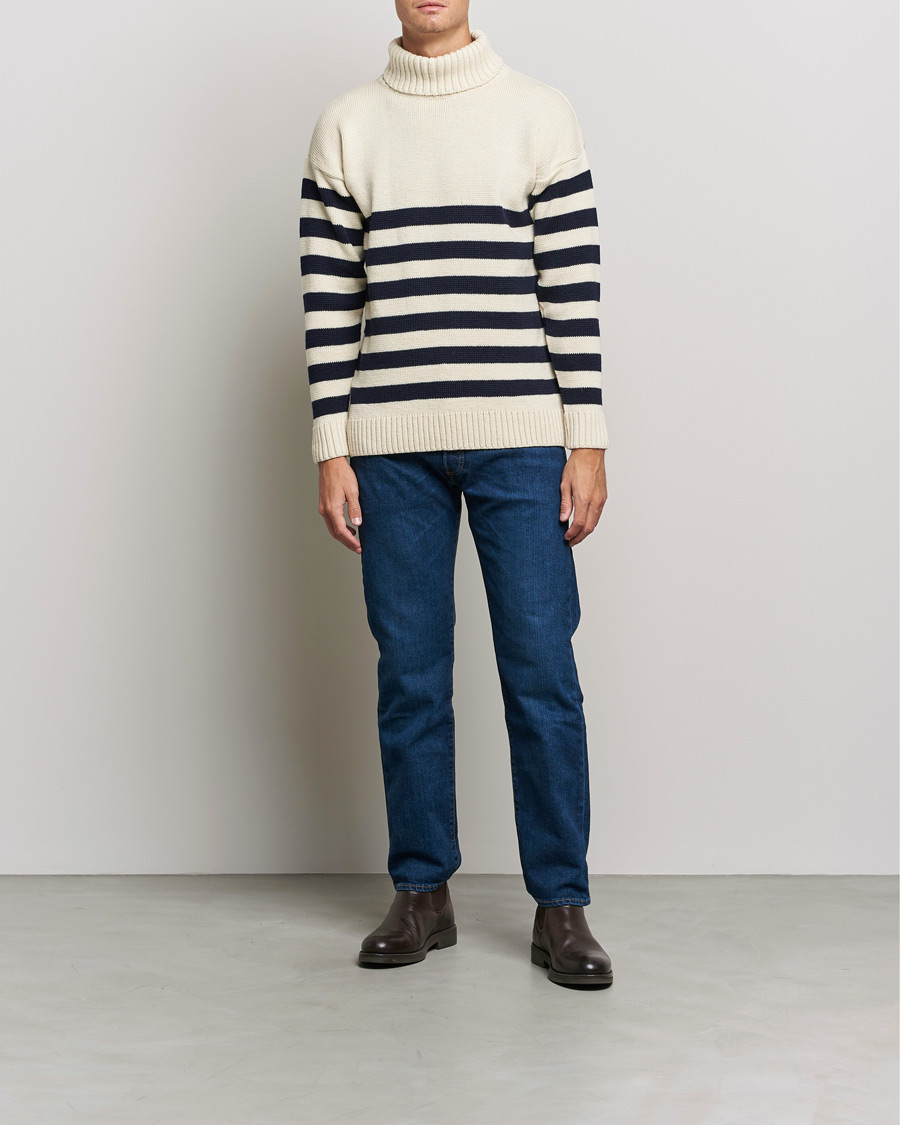 Hombres | Jerséis y prendas de punto | Gloverall | Breton Submariner Wool Rollneck Ecru/Navy