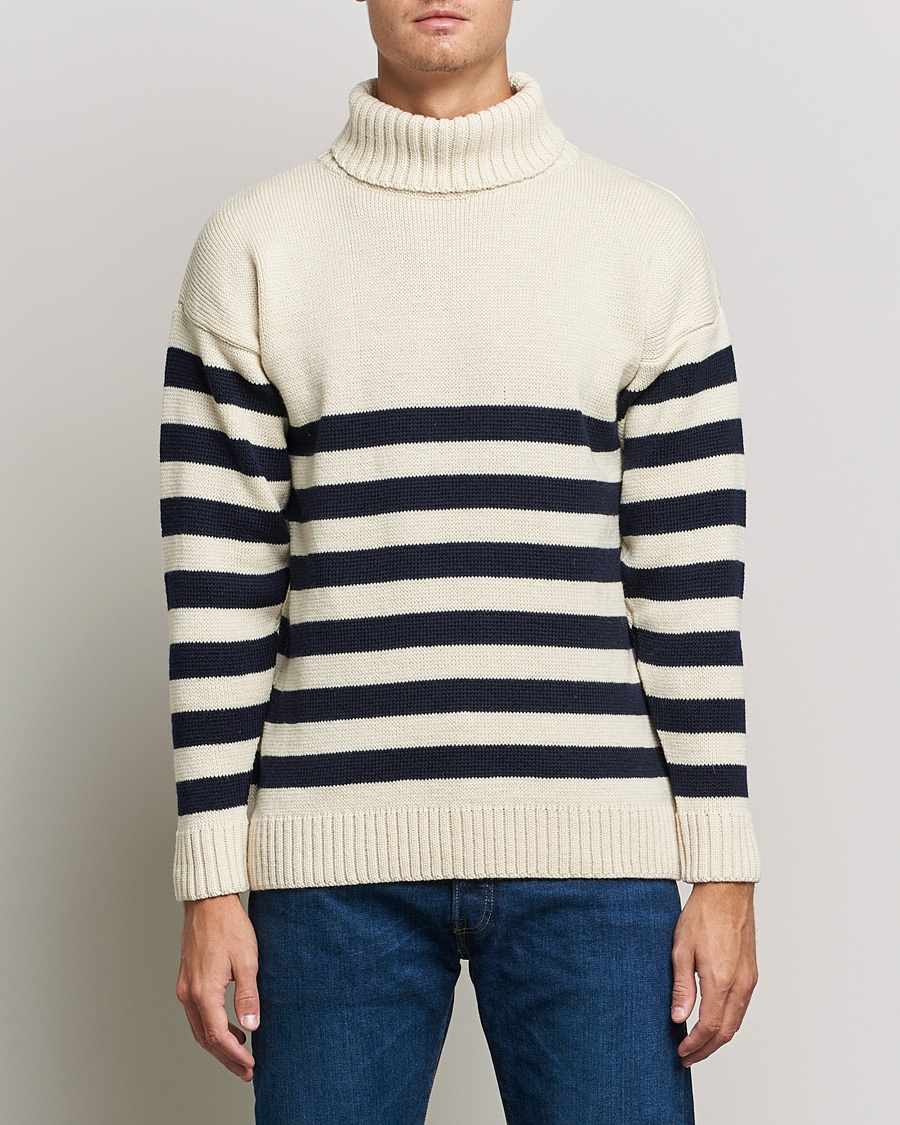 Hombres | Jerséis y prendas de punto | Gloverall | Breton Submariner Wool Rollneck Ecru/Navy