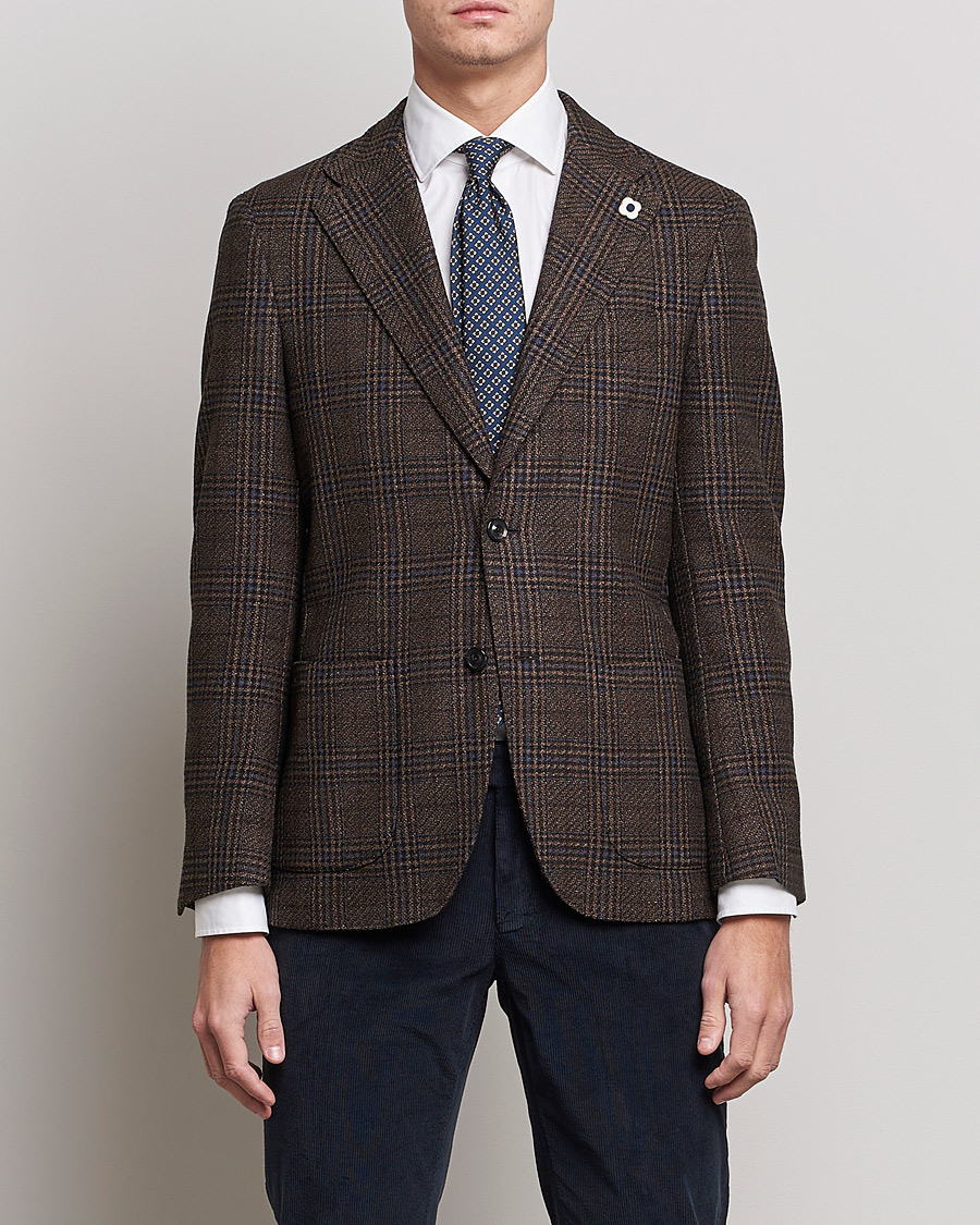 Hombres | Blazers | Lardini | Checked Patch Pocket Wool/Silk Blazer Brown