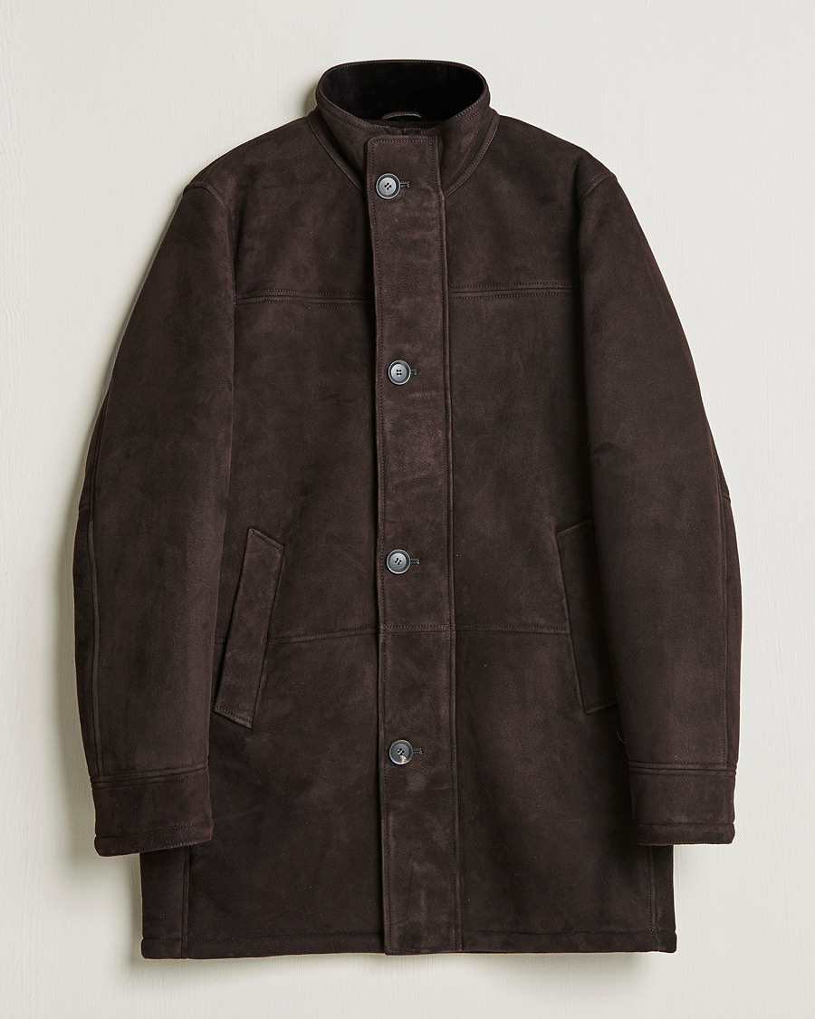 Hombres | Abrigos y chaquetas | Oscar Jacobson | Carling Sherling Suede Coat Dark Brown