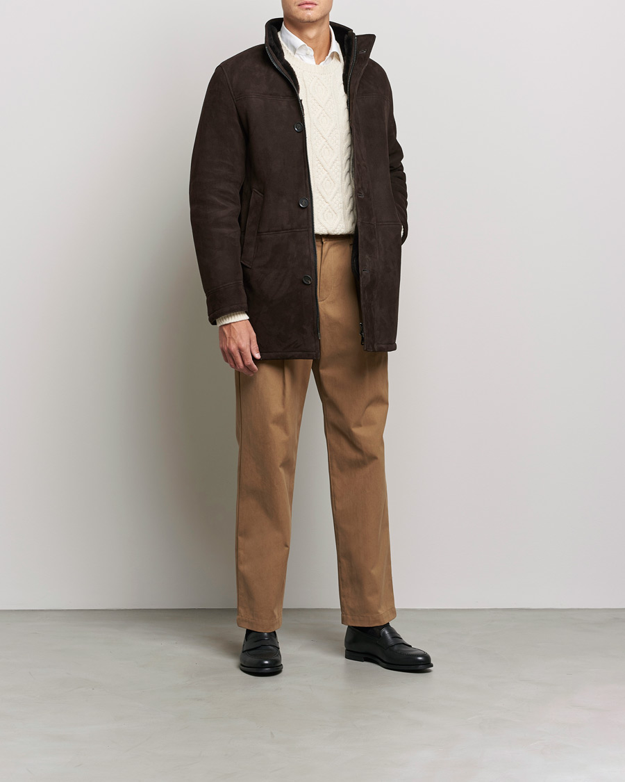 Hombres | Abrigos y chaquetas | Oscar Jacobson | Carling Sherling Suede Coat Dark Brown