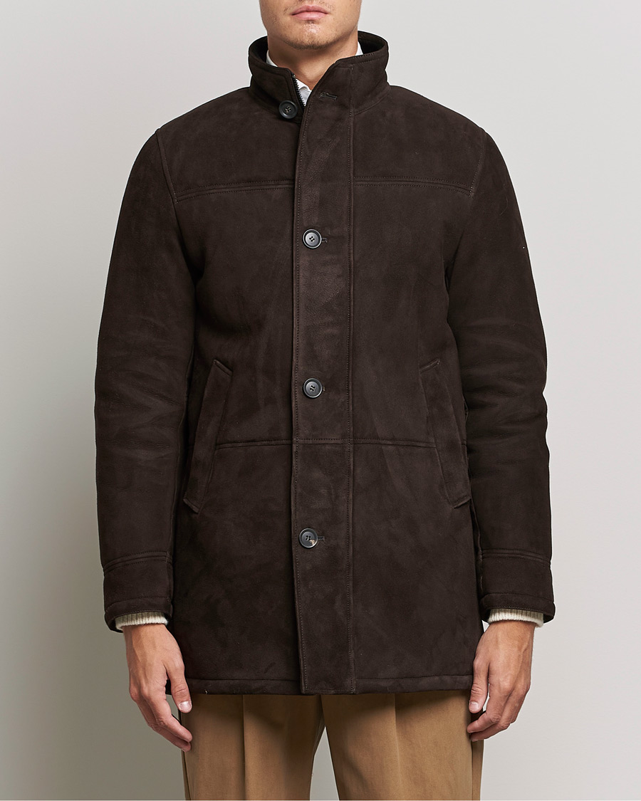 Hombres | Abrigos y chaquetas | Oscar Jacobson | Carling Sherling Suede Coat Dark Brown