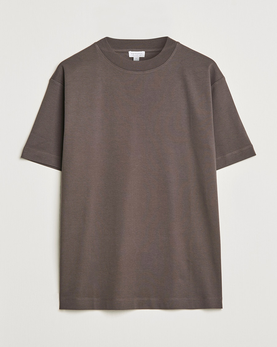 Hombres | Camisetas | Sunspel | Brushed Cotton Mock Neck Tee Dark Walnut