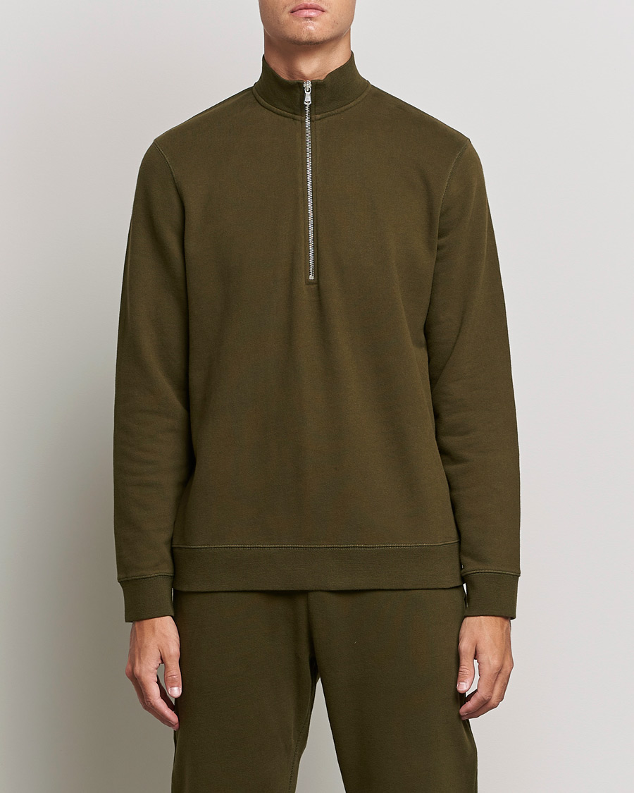 Hombres | Jerséis y prendas de punto | Sunspel | Loopback Half Zip Sweatshirt Dark Moss