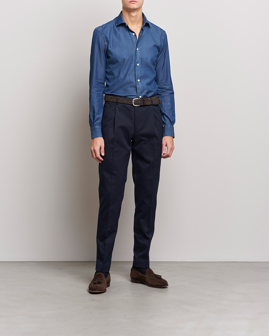 Hombres | Camisas | Mazzarelli | Soft Denim Shirt Dark Indigo