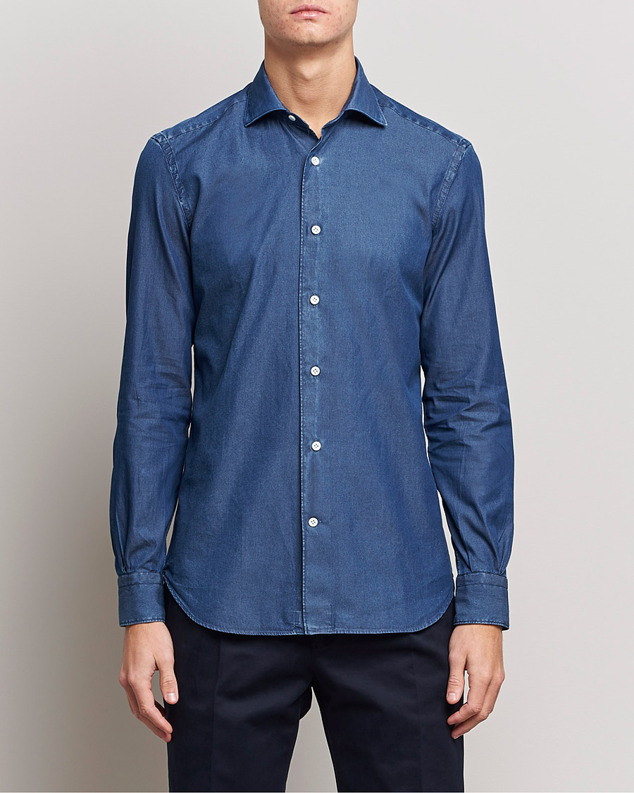 Hombres | Camisas | Mazzarelli | Soft Denim Shirt Dark Indigo