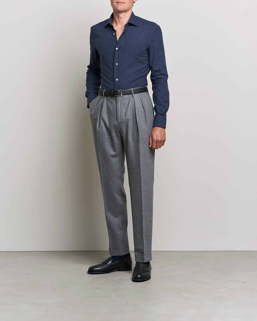 Hombres | Camisas | Mazzarelli | Soft Flannel Shirt Navy