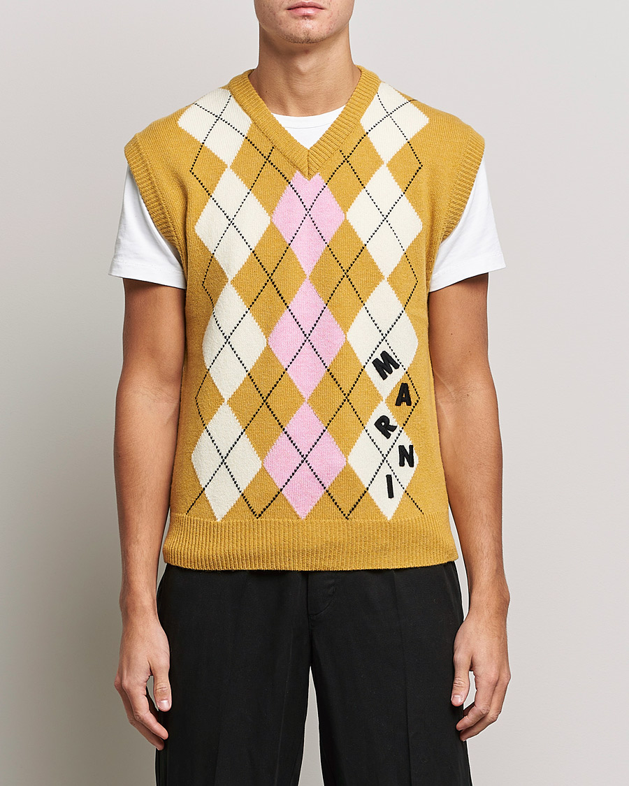 Hombres | Jerséis y prendas de punto | Marni | Shetland Argyle Knit Vest White/Yellow