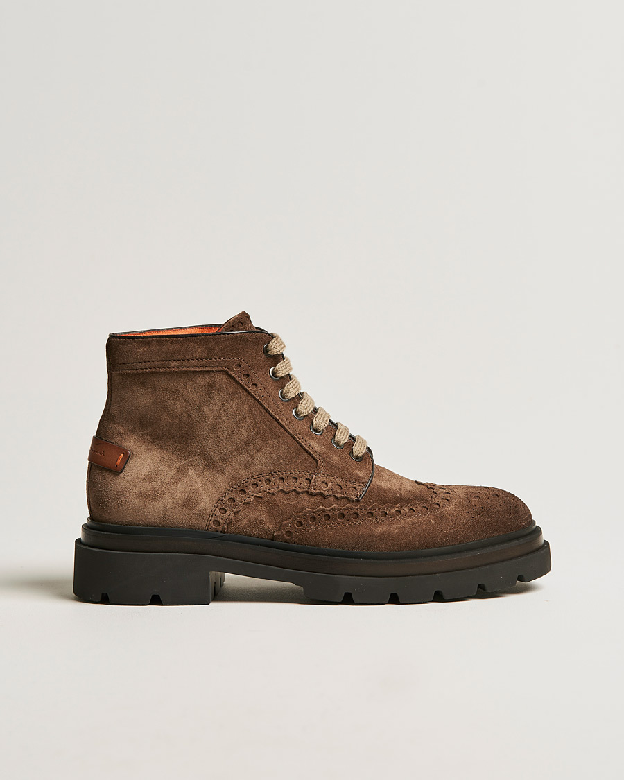 Hombres | Santoni Brogue Winter Boot Dark Brown Suede | Santoni | Brogue Winter Boot Dark Brown Suede