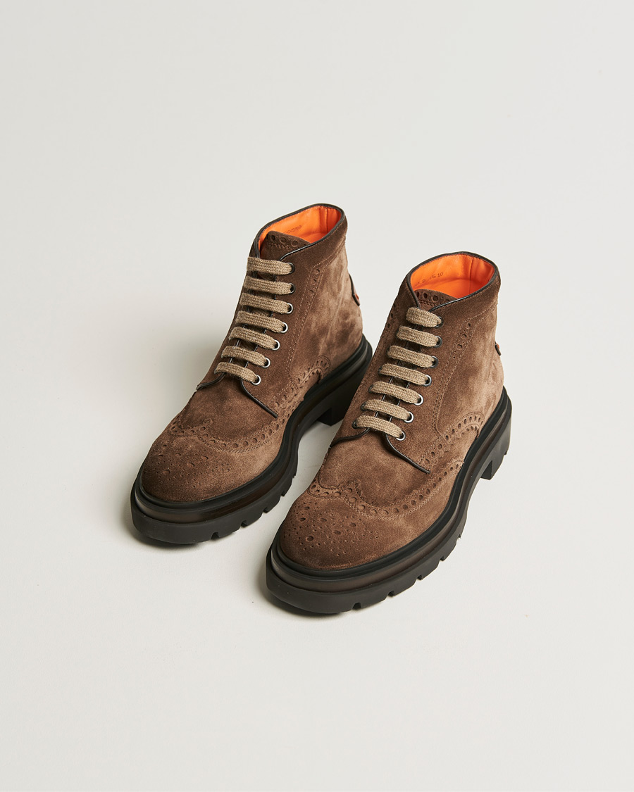 Hombres | Santoni Brogue Winter Boot Dark Brown Suede | Santoni | Brogue Winter Boot Dark Brown Suede