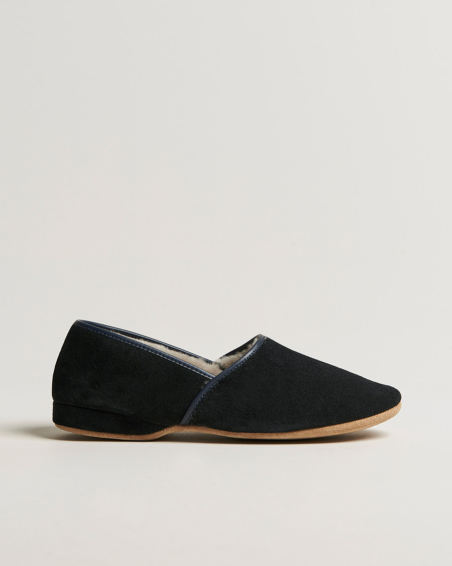 Hombres | Derek Rose Crawford Sheepskin Suede Slippers Navy | Derek Rose | Crawford Sheepskin Suede Slippers Navy
