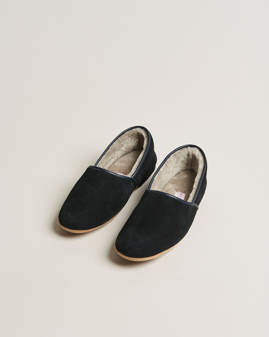 Hombres | Derek Rose Crawford Sheepskin Suede Slippers Navy | Derek Rose | Crawford Sheepskin Suede Slippers Navy