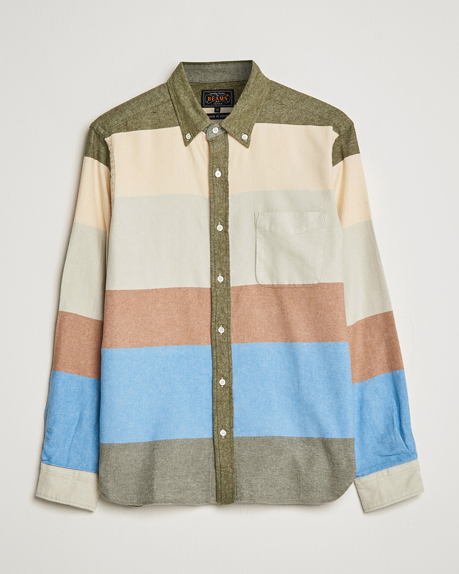 Hombres | Camisas | BEAMS PLUS | Flannel Multi Stripe Shirt Olive/Cream