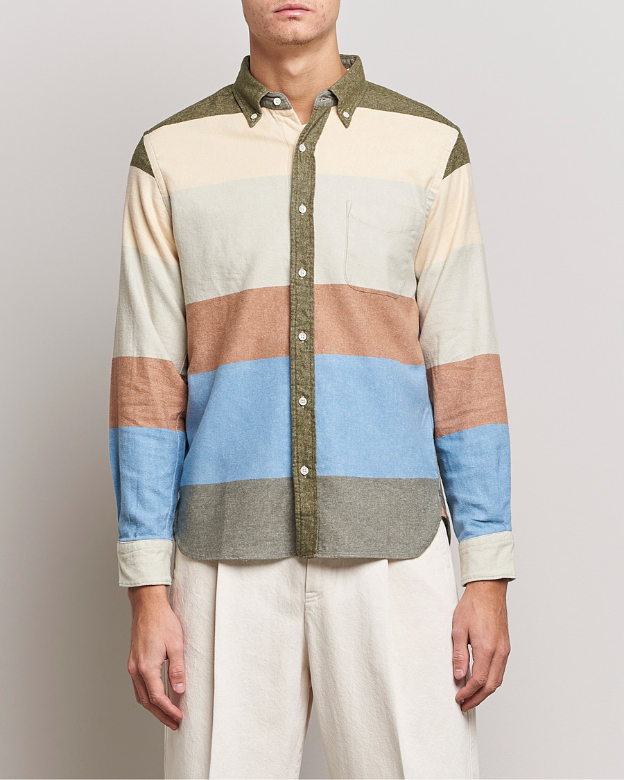 Hombres | Camisas | BEAMS PLUS | Flannel Multi Stripe Shirt Olive/Cream