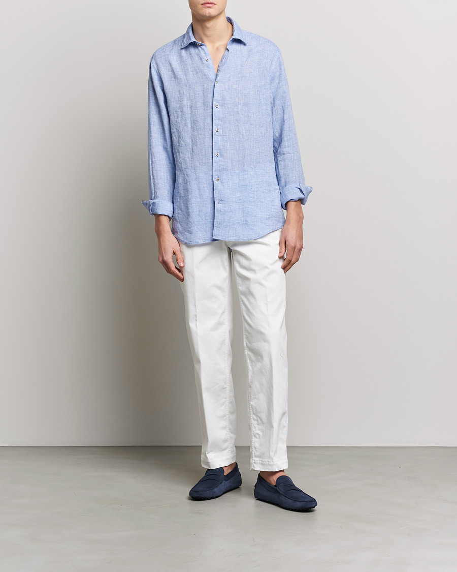 Hombres | Camisas | Stenströms | Fitted Body Cut Away Linen Shirt Blue