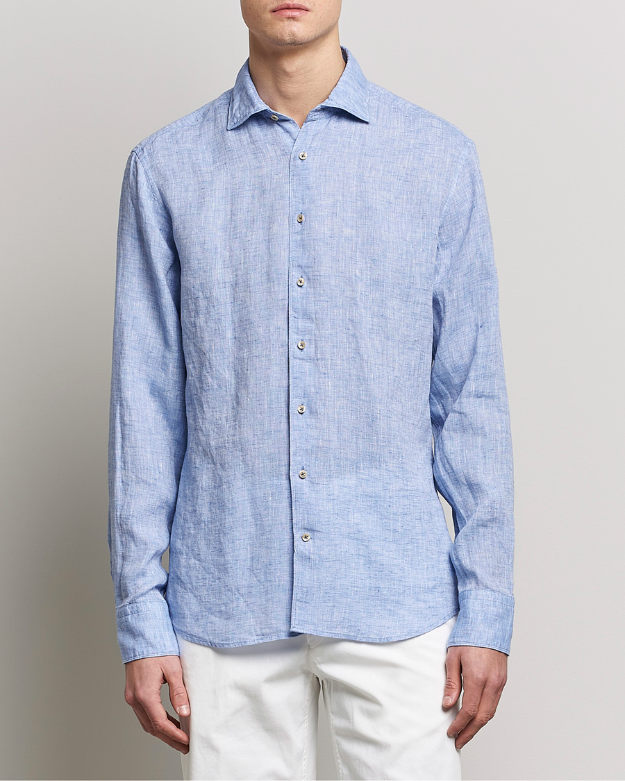 Hombres | Camisas de lino | Stenströms | Fitted Body Cut Away Linen Shirt Blue