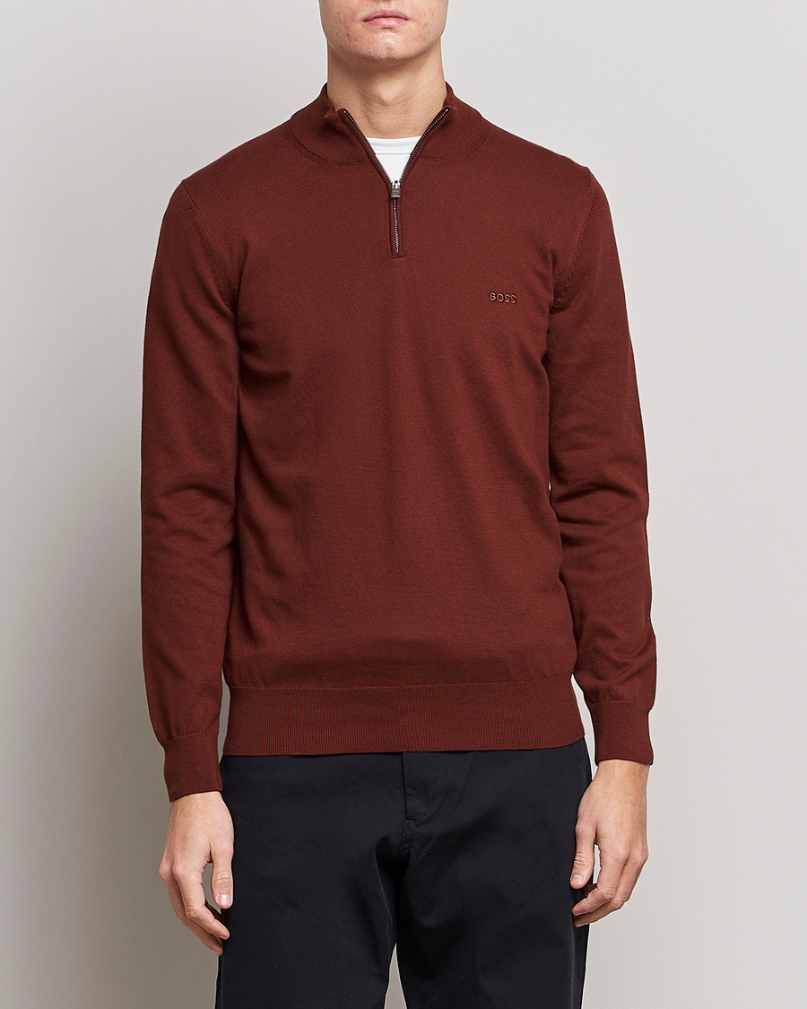 Hombres | Jerséis y prendas de punto | BOSS BLACK | Padro Merino Knitted Half Zip Medium Brown