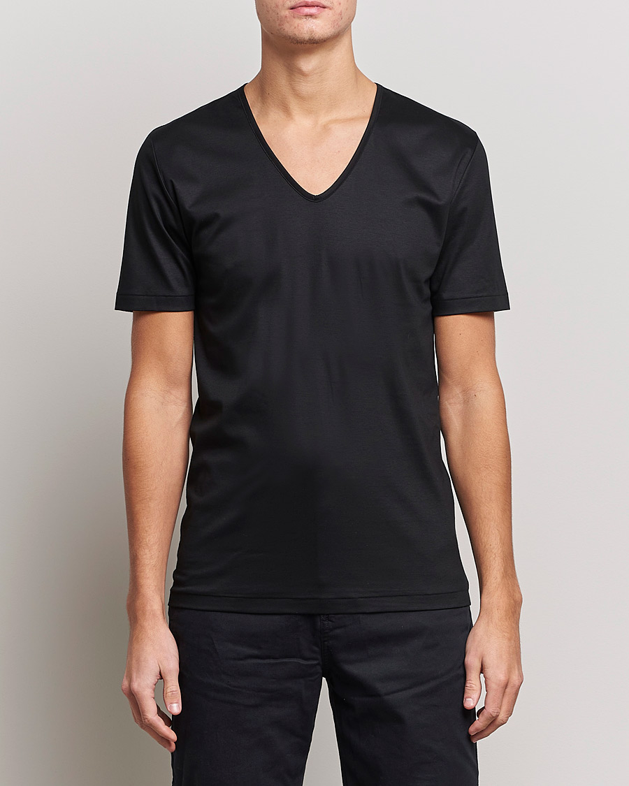 Hombres | Camisetas de manga corta | Zimmerli of Switzerland | Sea Island Cotton V-Neck T-Shirt Black