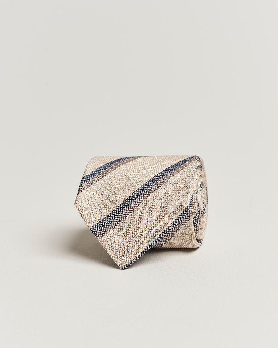 Hombres | Amanda Christensen Silk/Linen Striped 8cm Tie Natural | Amanda Christensen | Silk/Linen Striped 8cm Tie Natural